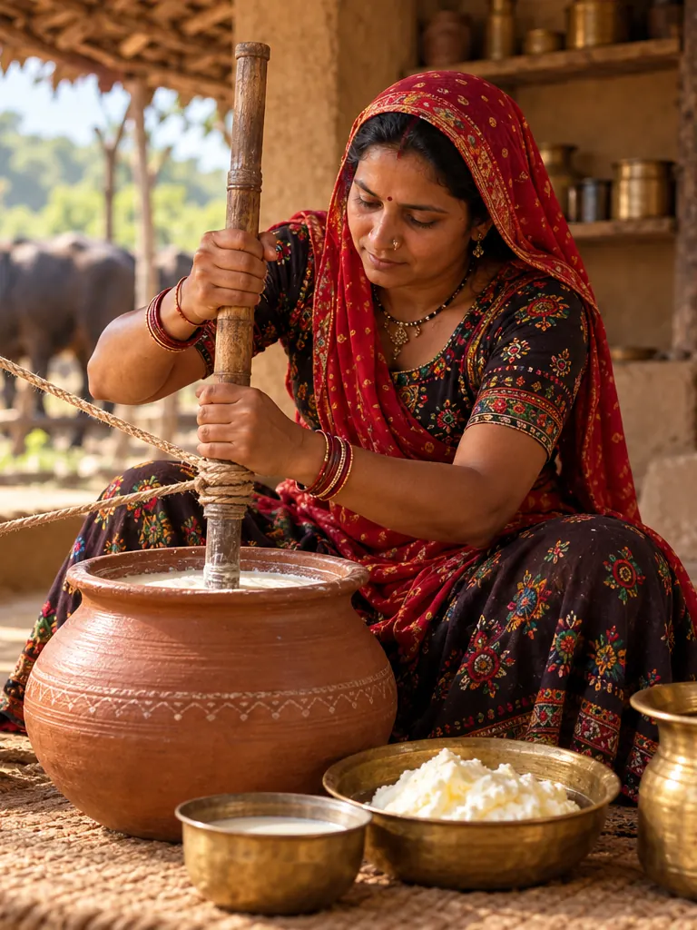 A Maaldhari woman churning curd with a wooden churner in a clay pot, brass vessels around her