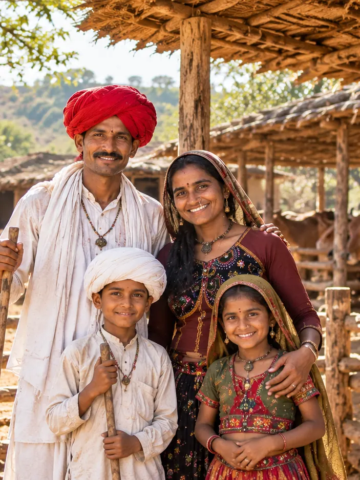 Father, mother, son and daughter of the Maaldhari family at their cattle shed, with Gir cattle behind them