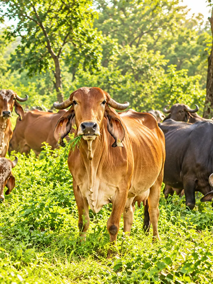 Gir cattle and buffalo grazing among green trees in the forest near Sasan