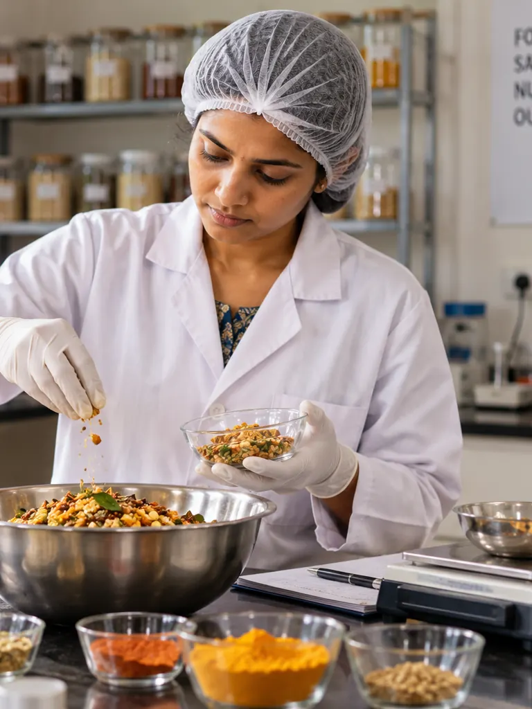 A lab technician in a white coat and hairnet sprinkling a sample over a bowl, jars of grains and spices on the bench