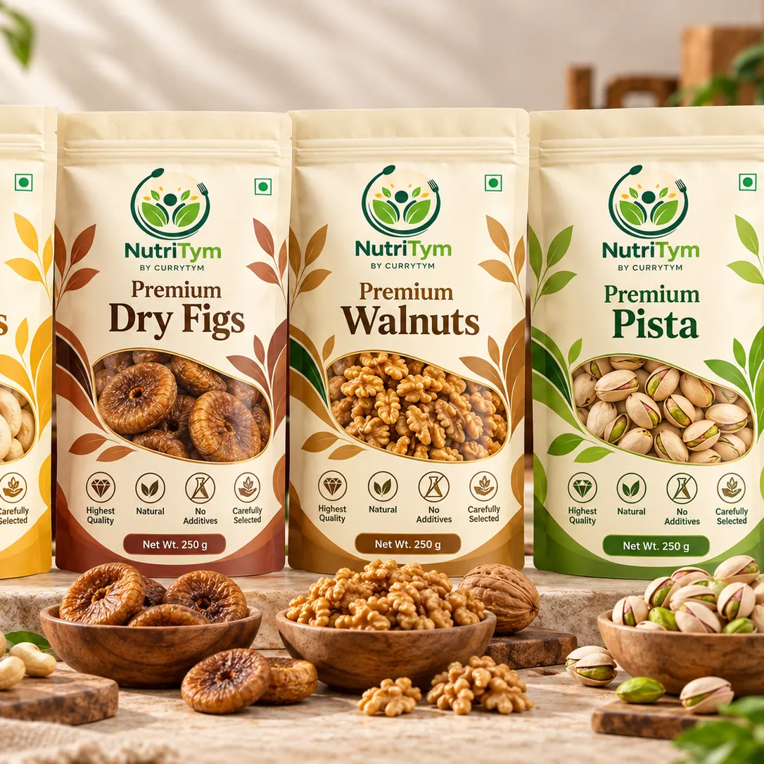 NutriTym pouches of cashews, dry figs, walnuts and pista with wooden bowls of each