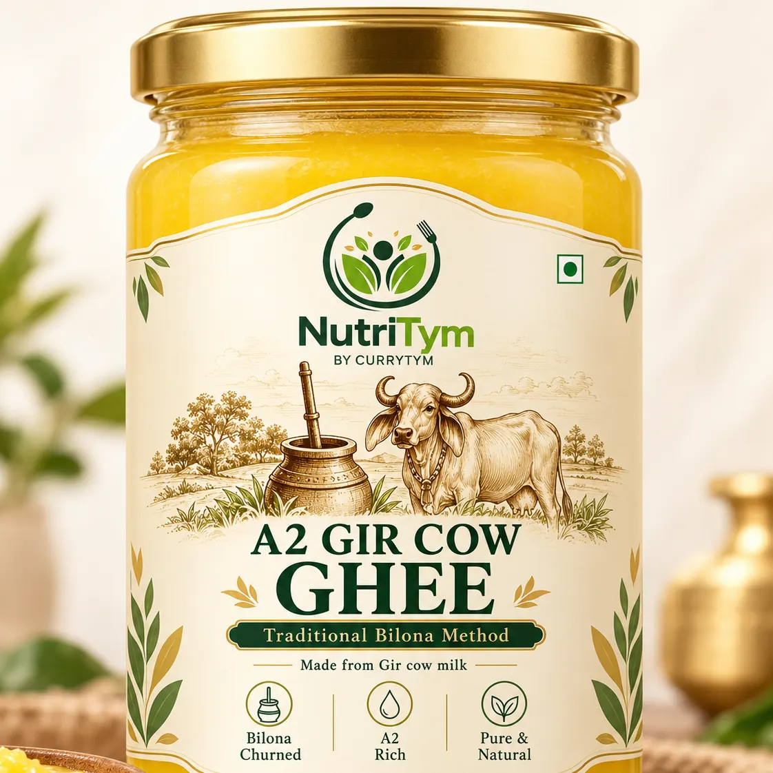 A jar of NutriTym A2 Gir Cow Ghee beside a bowl of ghee