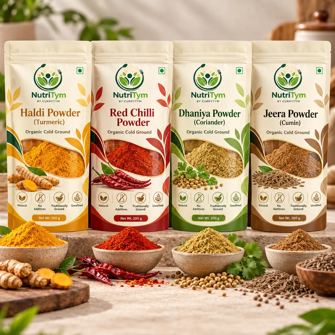 NutriTym haldi, red chilli, dhaniya and jeera powder pouches with bowls of spice