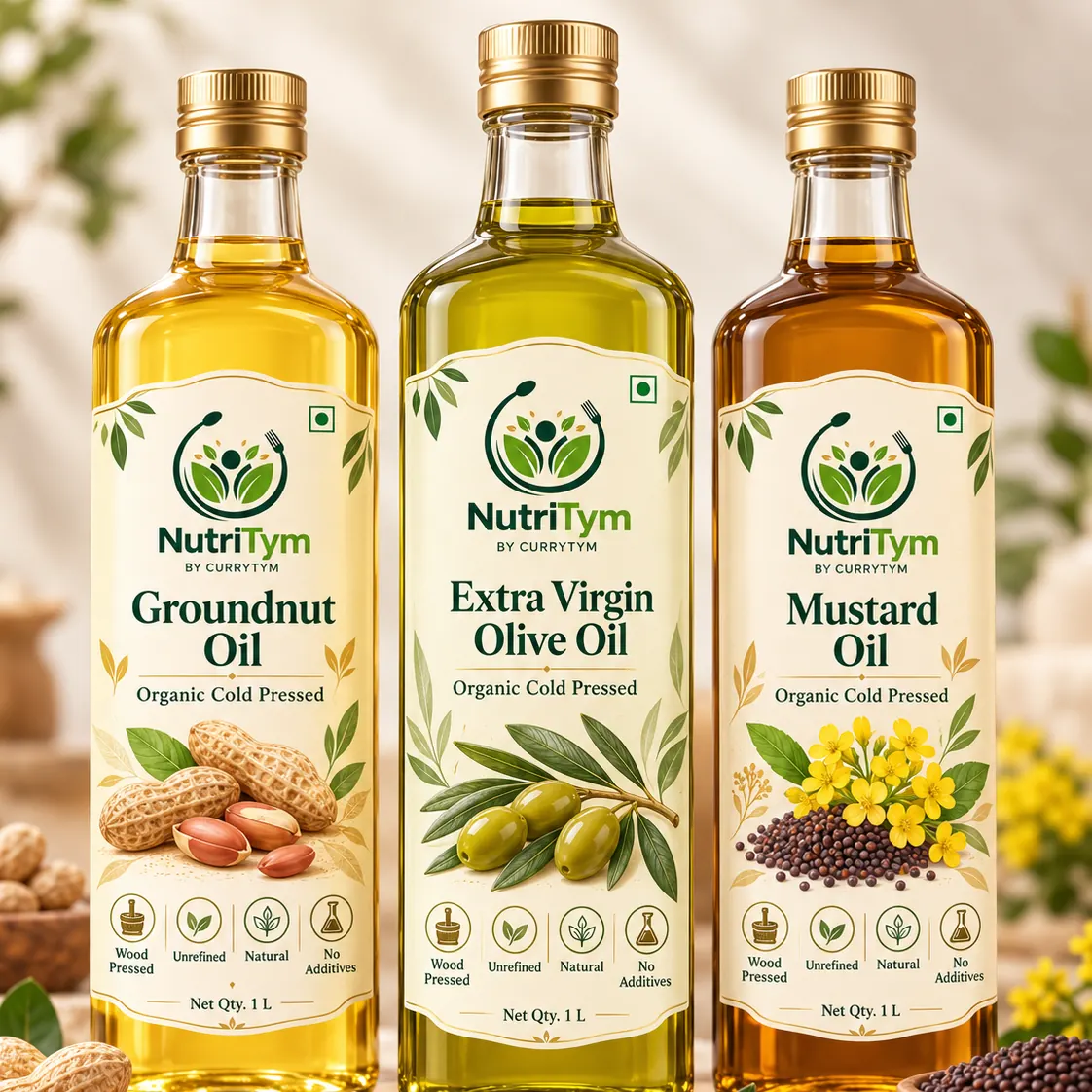 Bottles of NutriTym groundnut, extra virgin olive and mustard oil